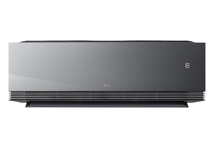 มุมมองด้านหน้าของเครื่องปรับอากาศ LG ที่มีใบพัดด้านล่างเปิดอยู่